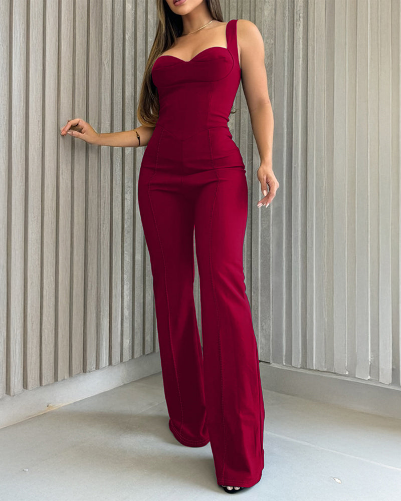 Sweatheart Neck Thick Strap Backless Lace-up Back Overalls Casual Seam Front Wide Leg Jumpsuit