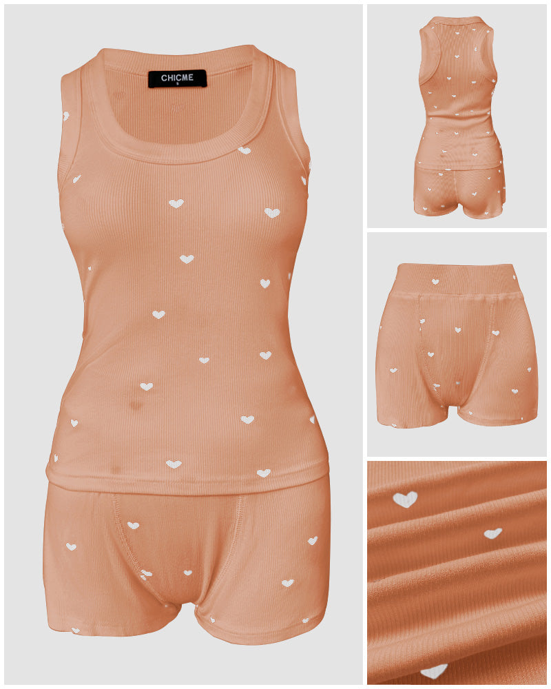 2 Pieces Outfit Heart Print U Neck Sleeveless Tank Top and Casual Strechy Waist Shorts Set Slim Fit Ribbed Pajamas Set