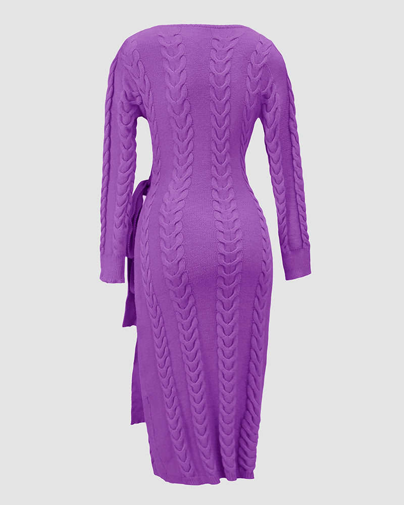 Cable Textured Overlap Deep V-Neck Long Sleeve Mid-Length Dress Tie Waist Slim Fit Knit Dress