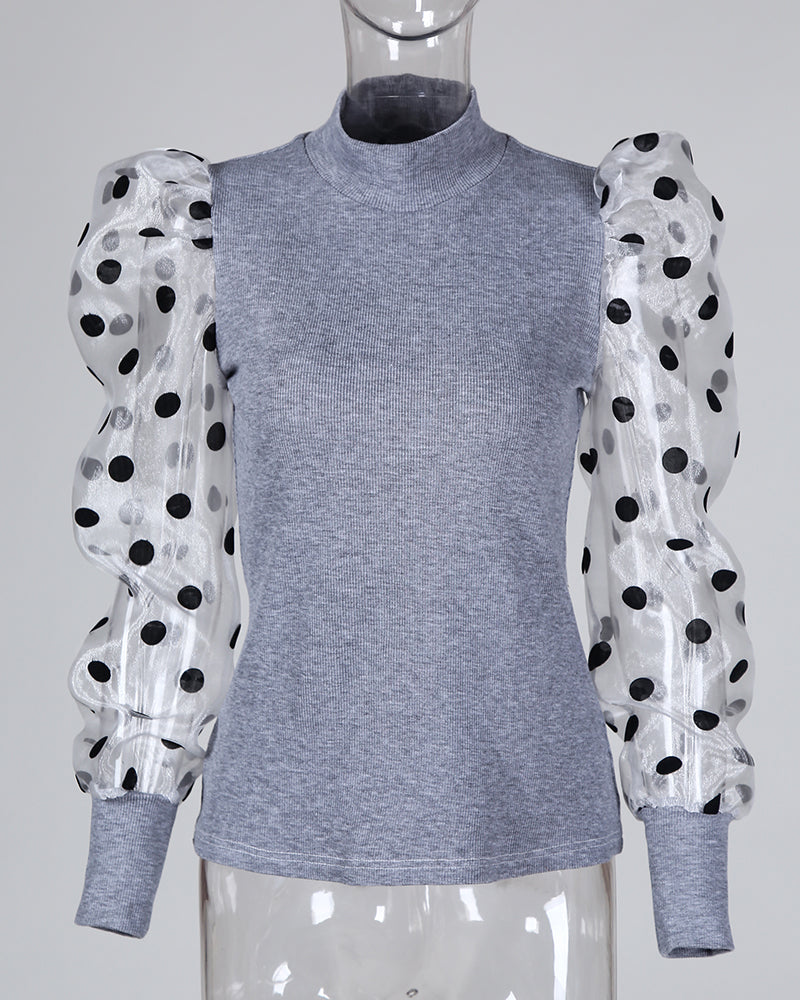 Dot Mesh Patch Mock Neck Puff Sleeve Blouse Casaul Pullover Knit Top