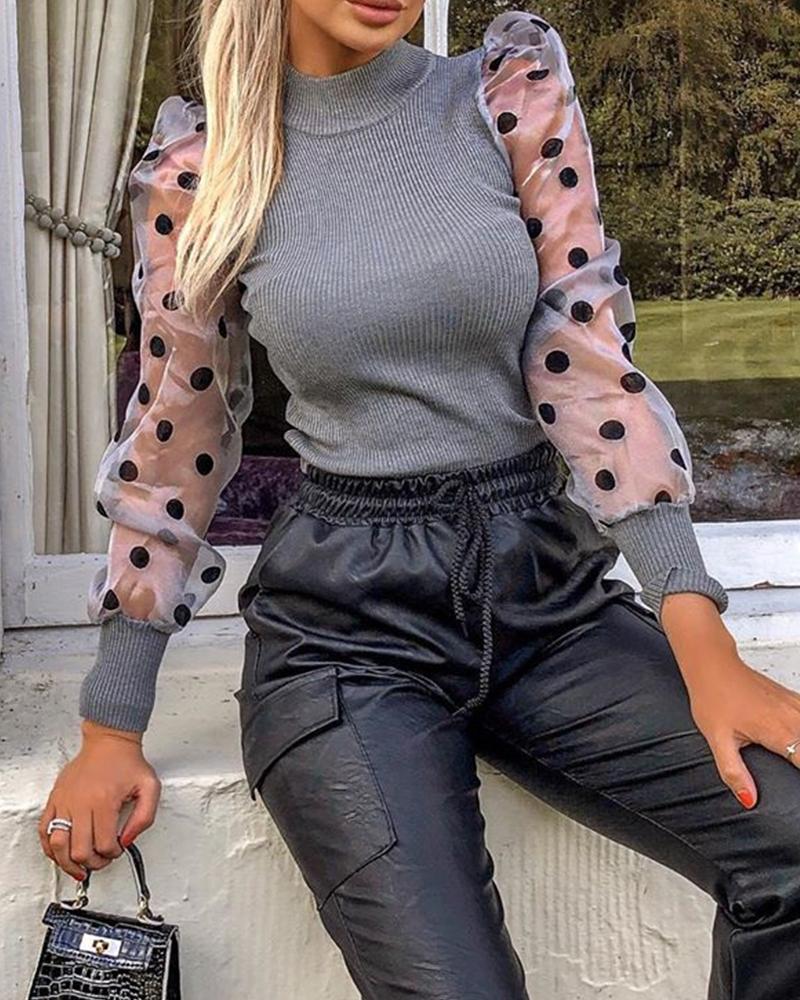 Dot Mesh Patch Mock Neck Puff Sleeve Blouse Casaul Pullover Knit Top