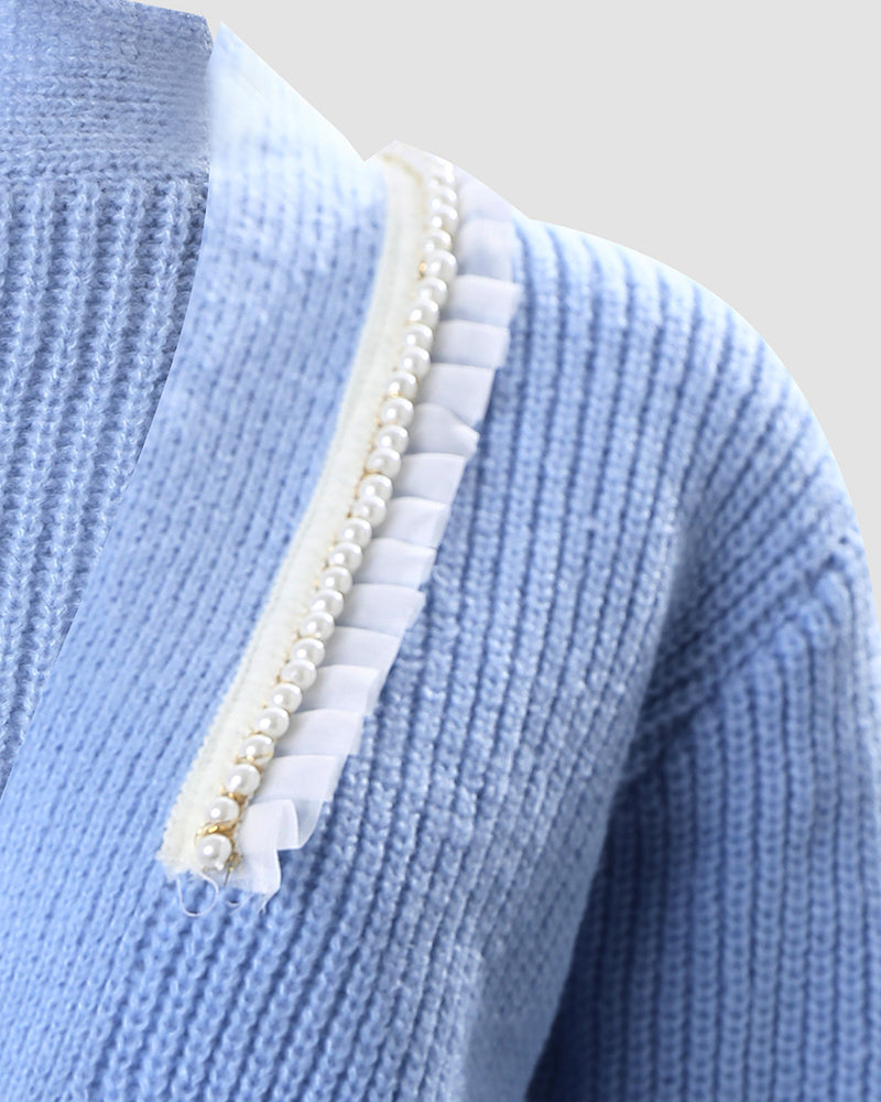 Pearls Decor V-Neck Double Breasted Knit Cardigan Casual Frill Trim Decor Sweater