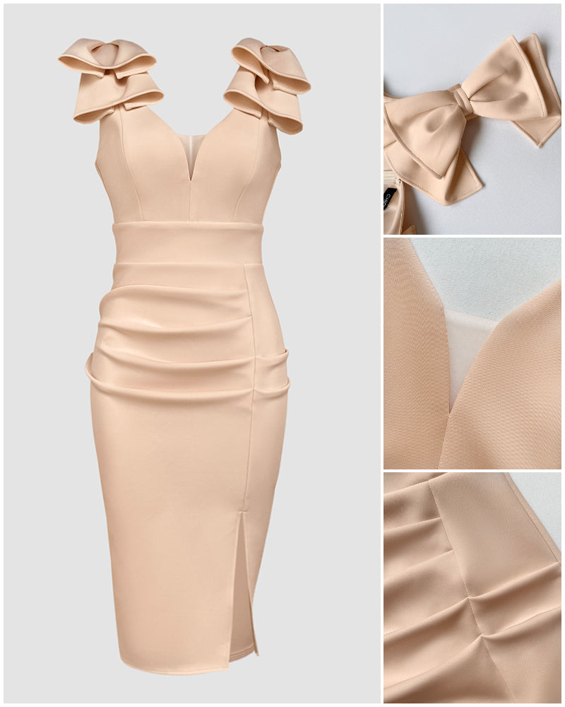 Bowknot Decor Deep V-Neck Sleeveless Slit Party Dress Ruched Zipper Back Slim Fit Midi Dress