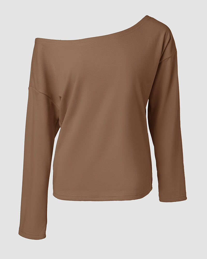 2 Pieces Outfit Long Sleeve Skew Neck Pullover Top and Drawstring Elastic Waist Slim Fit Pants Set