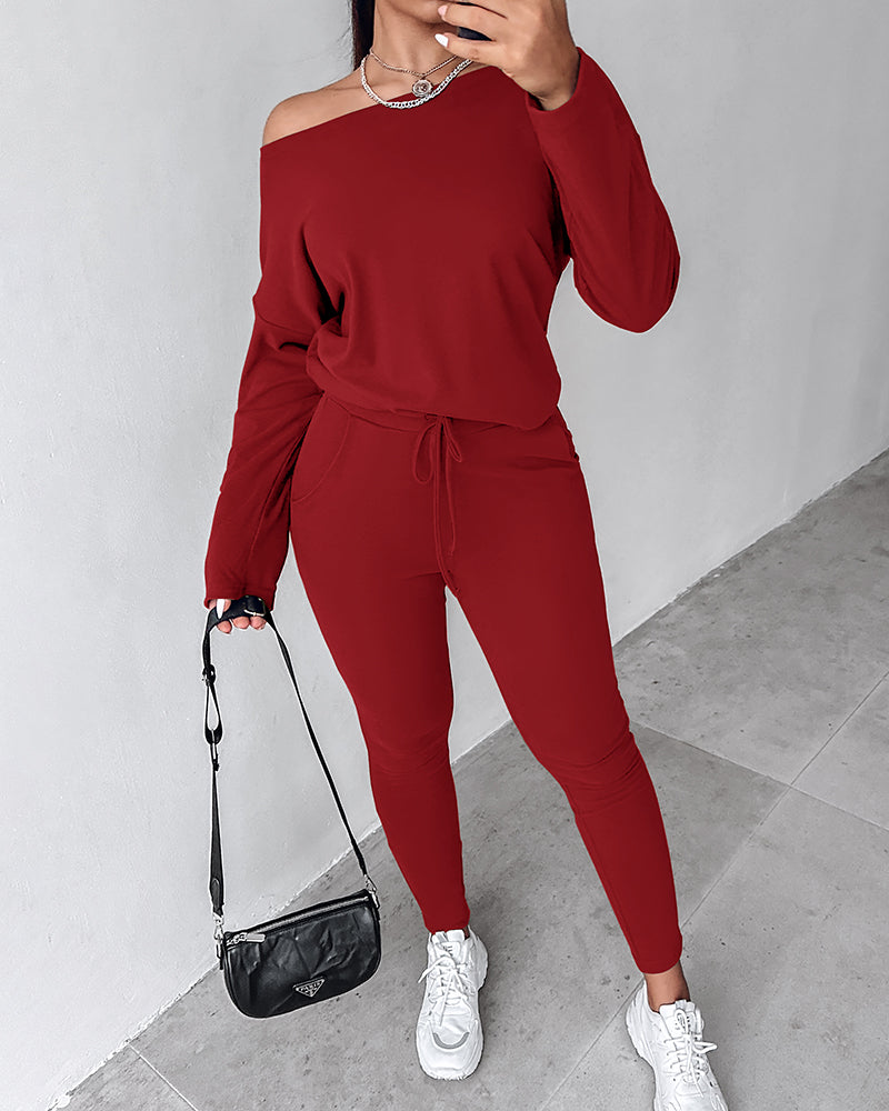 2 Pieces Outfit Long Sleeve Skew Neck Pullover Top and Drawstring Elastic Waist Slim Fit Pants Set