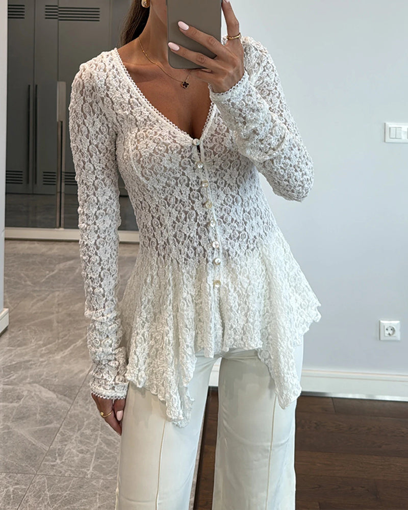 Lace Trim V Neck Button Front Blouse Elegant Asymmetrical Ruffle Hem Top