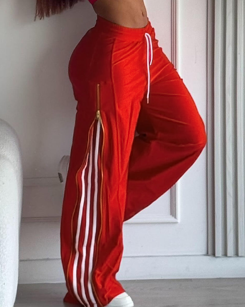 Contrast Side Striped & Zipper Slit Side Drawstring Elastic Waist Trousers Casual Wide Leg Pants
