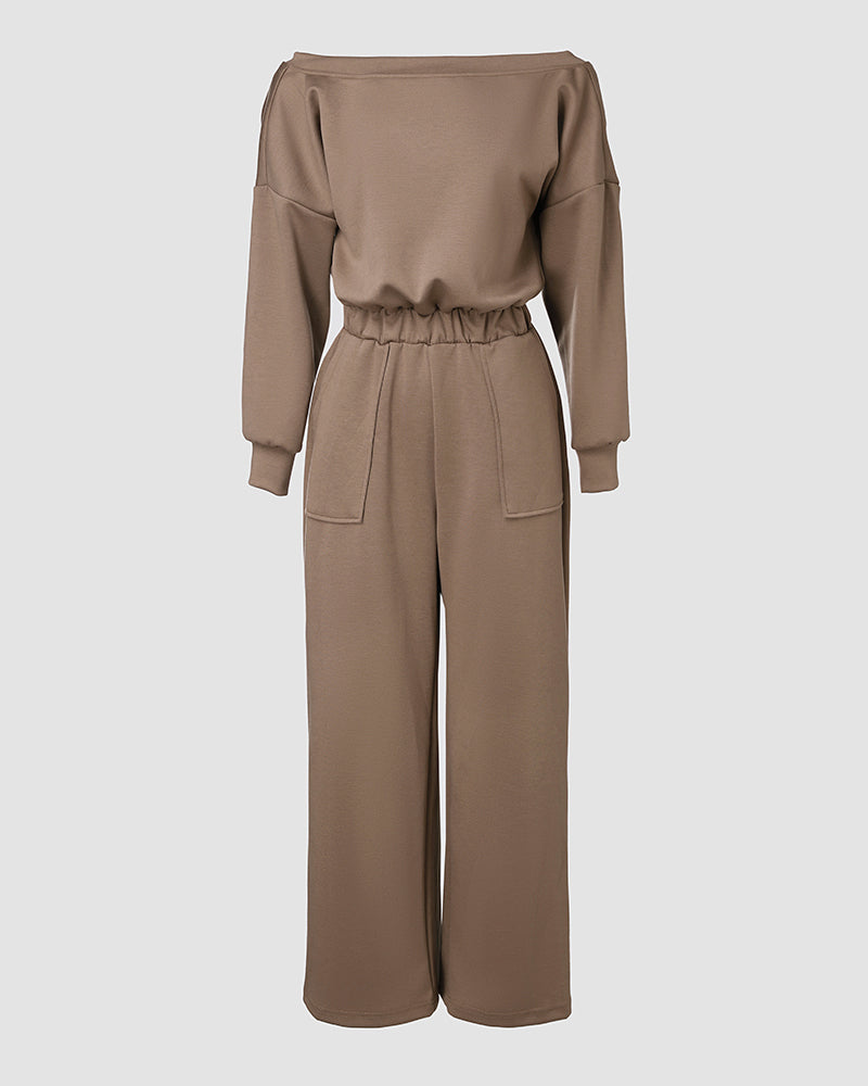 Off Shoulder V-Back Elastic Waist Pockets Design Jumpsuit Casual Drop Shoulder Cinched Waist Wide Leg Jumpsuit