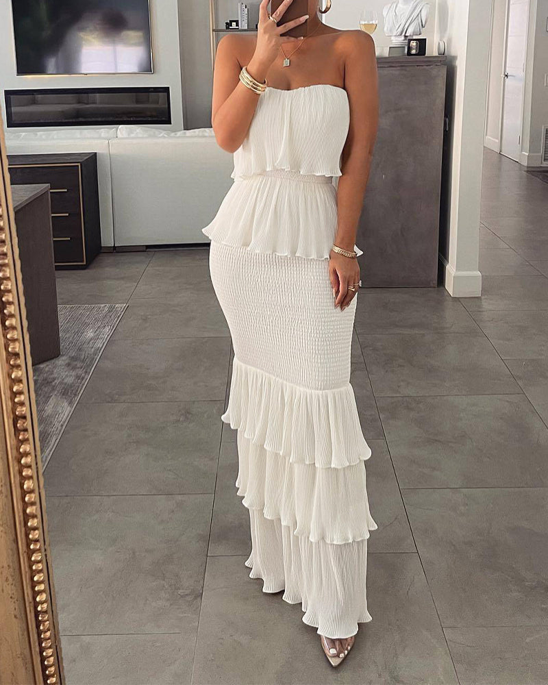 Layered Ruffle Shirred Slim Fit Strapless Dress Textured Maxi Party Dress
