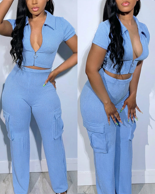 2 Pieces Outfit Polo Collar Short Sleeve Zip Up Slim Fit Crop Top and High Waist Elastic Waist Cargo Pockets Design Pants Set Casual Ribbed Set