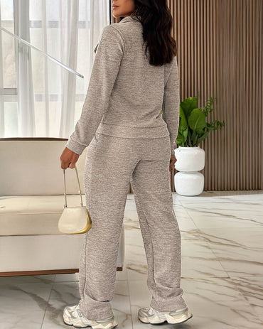 Women's Casual Tracksuit Set Zip Up Long Sleeve Lapel Jacket and High Waisted Straight Leg Pants Lounge Set with Pockets