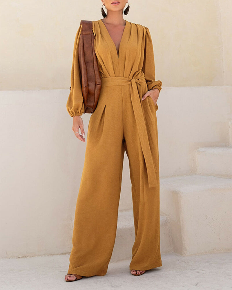 Deep V Neck 3D Design Tie Waist Ruched Overalls Casual Cinched Waist Zipper Back Textured Jumpsuit with Belt