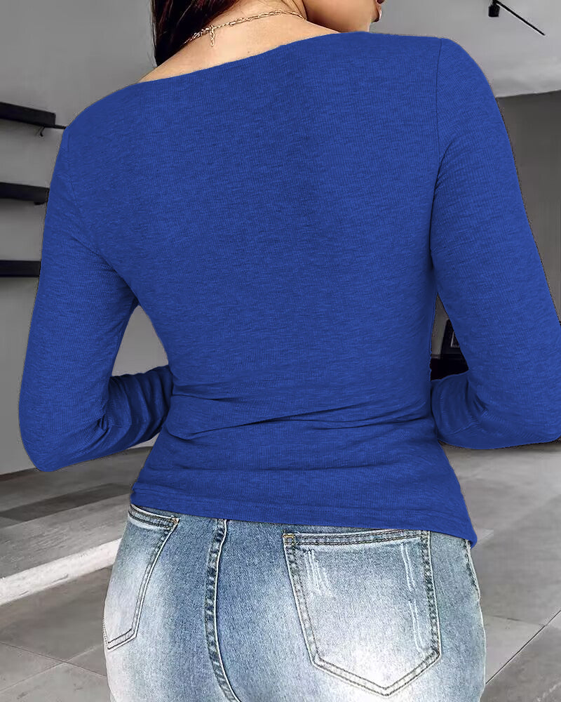ChicMe Built-in Bra Notch Neck Long Sleeve Shirts Rib-Knit Ruched Waist Top