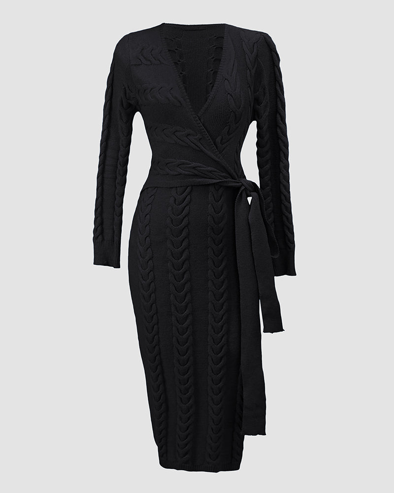 Cable Textured Overlap Deep V-Neck Long Sleeve Mid-Length Dress Tie Waist Slim Fit Knit Dress