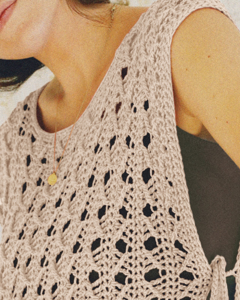 Round Neck Sleeveless Hollow-out Crochet Sweater Casual Tie Side Breathable Crop Top