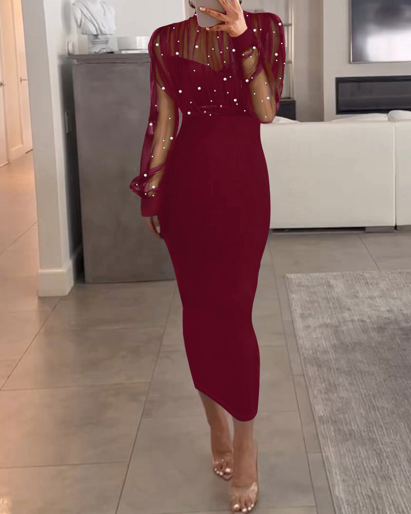 Mock Neck Sheer Mesh Spliced Beaded Bodycon Dress Zipper Back Slit Party Dress