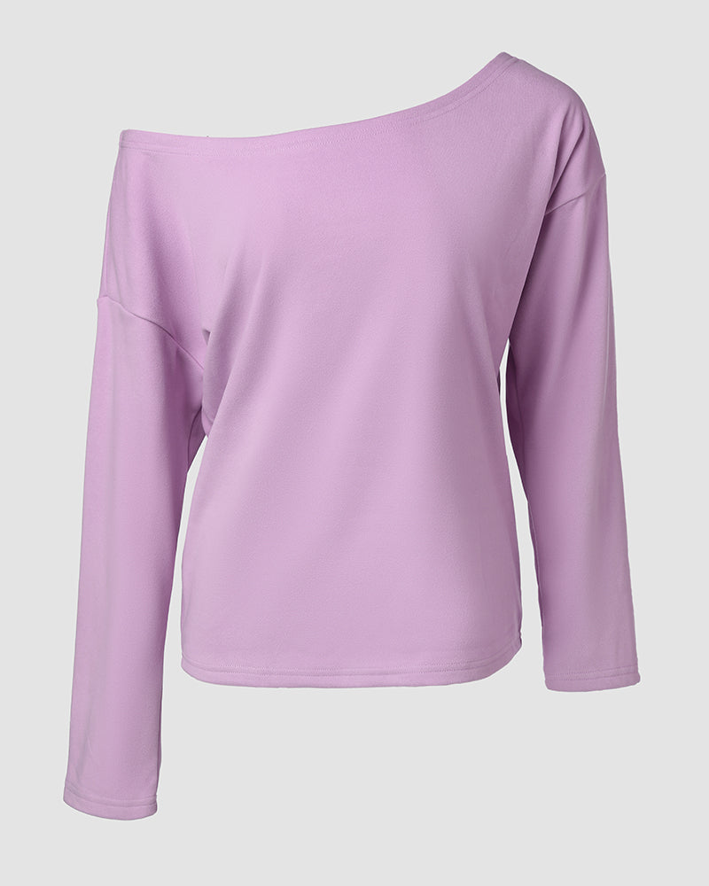 2 Pieces Outfit Long Sleeve Skew Neck Pullover Top and Drawstring Elastic Waist Slim Fit Pants Set