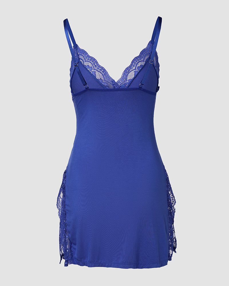 Lace Trim Adjustable straps Side Slit Bowknot Decor Modal Cami Sleep Dress