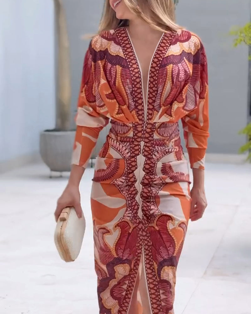 Vintage Baroque Deep V Neck Long Sleeve Slit Bodycon Dress Casual Ruched Slim Fit Vacation Dress