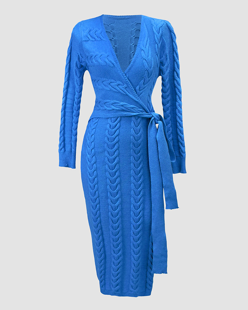 Cable Textured Overlap Deep V-Neck Long Sleeve Mid-Length Dress Tie Waist Slim Fit Knit Dress