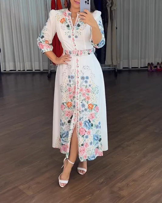Floral Print V Neck Three Quarters Tied Detail Blouse Dress Casual A Line Slim Fit Maxi Dress