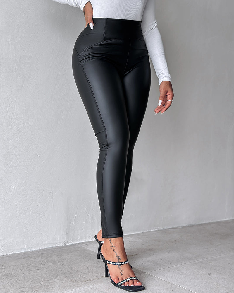 ChicMe CurveEase PU Leather Leggings High Waist Curved Fleece Lined Tights Casual Pants