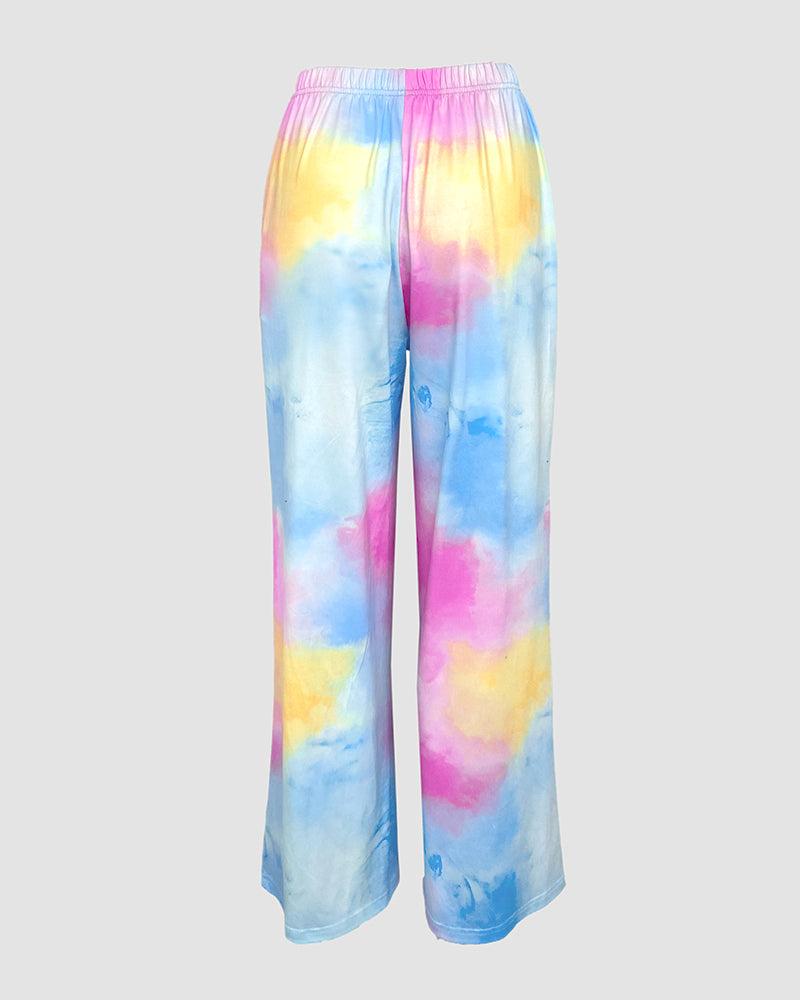 2 Pieces Outfit Tie Dye Print Short Sleeve Top and Elastic Waist Loose Fit Pants Set Casual Pajamas Set