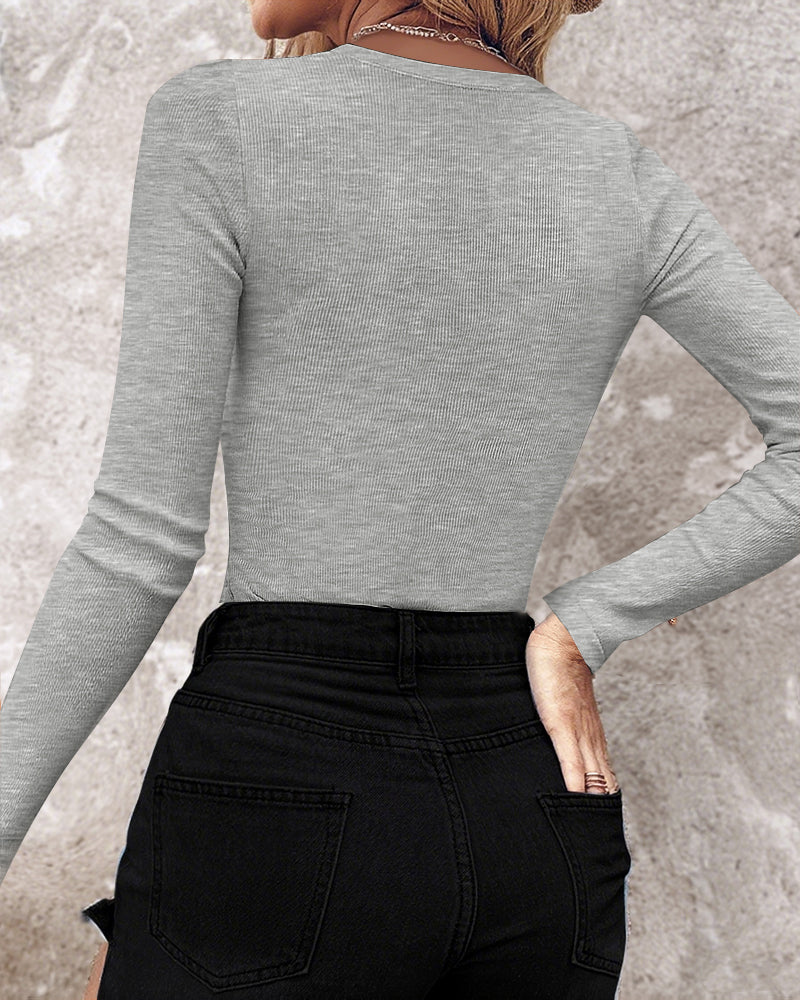 Rhinestone Decor Keyhole Neck Hollow Water Drop Ribbed Top Long Sleeve Slim Fit Layering Top