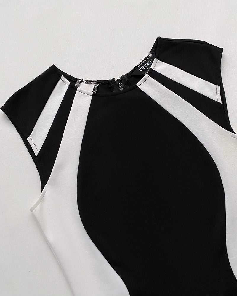 Colorblock Round Neck Sleeveless Zipper Back Midi Dress Slit Back Bodycon Dress