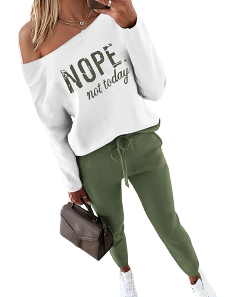 2 Pieces Outfit NOPE. not today Slogan Print Skew Neck Long Sleeve Pullover Top and Casual Drawstring Stretchy Waist Slim Fit Pants Set