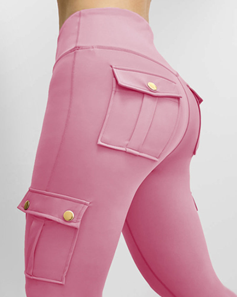 Butt Lifting Leggings with Flap Pockets High Waist Tummy Control Workout Cargo Pants