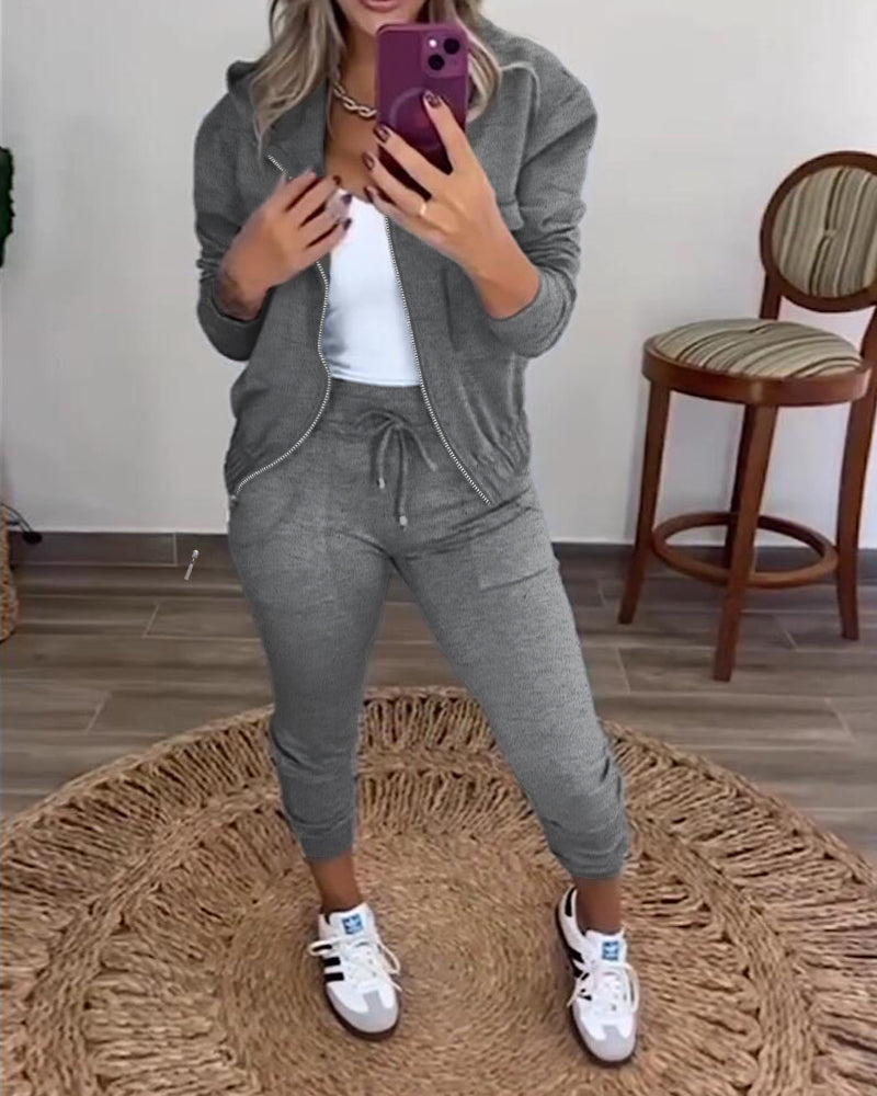 2 Pieces Outfit Long Sleeve Zip Up Flap Pockets Design Stretchy Hem Hoodie Coat and Drawstring Elastic Waist Slim Fit Pants Set