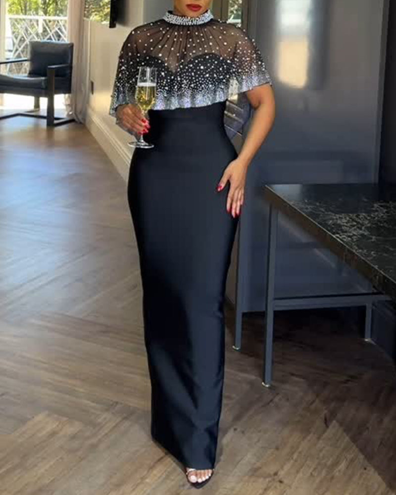 2 Pieces Outfit Detachable & Adjustable Spaghetti Straps Zipper Back Slit Slim Fit Maxi Dress and Rhinestone & Pearls Decor High Neck Zipper Back Sheer Mesh Poncho Cape
