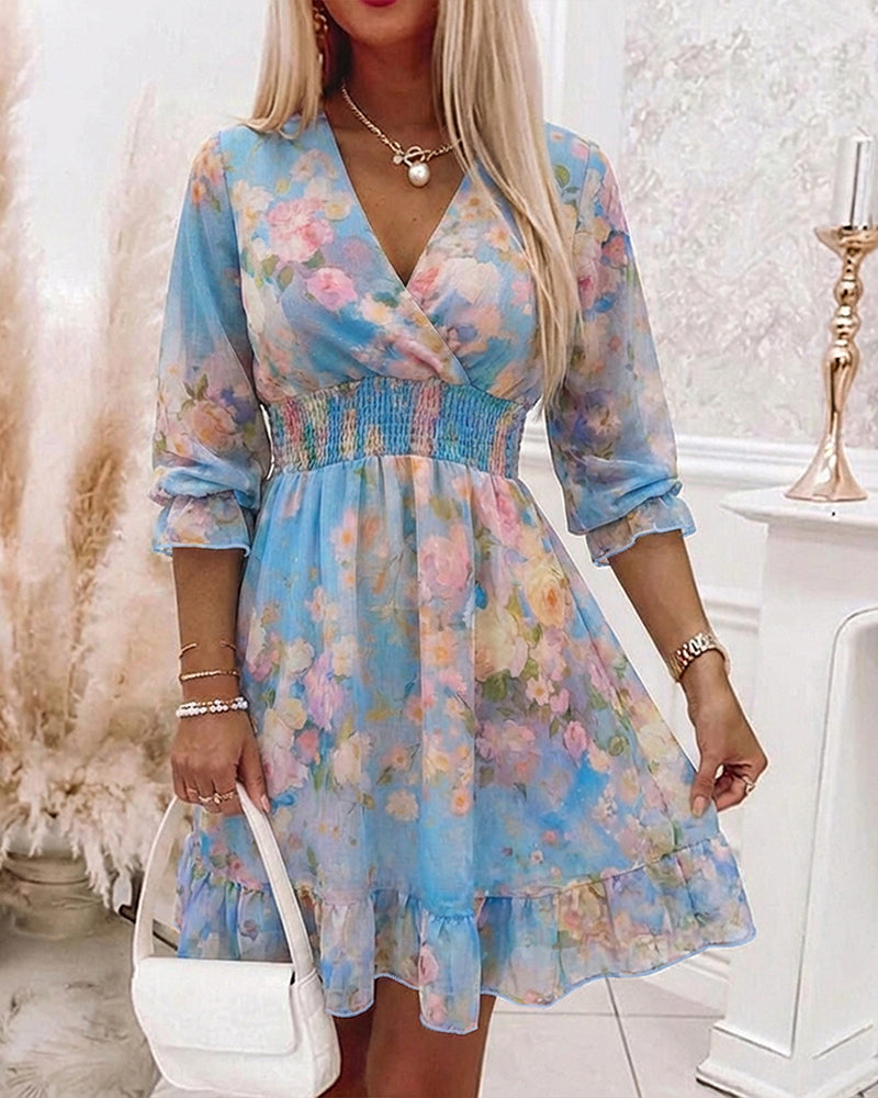ChicMeLive Women's Watercolor Floral Chiffon Dress Overlap V-Neck Shirred High Waist Vacation Dress A-Line Ruffle Hem Dress