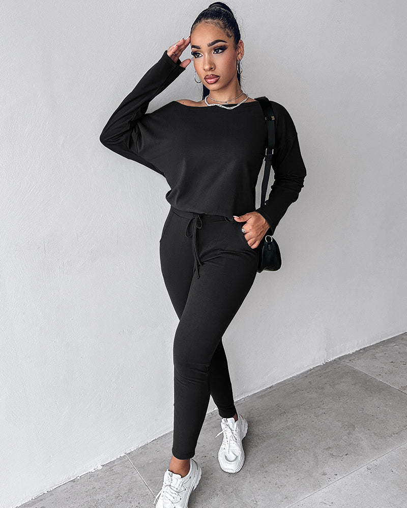 2 Pieces Outfit Long Sleeve Skew Neck Pullover Top and Drawstring Elastic Waist Slim Fit Pants Set