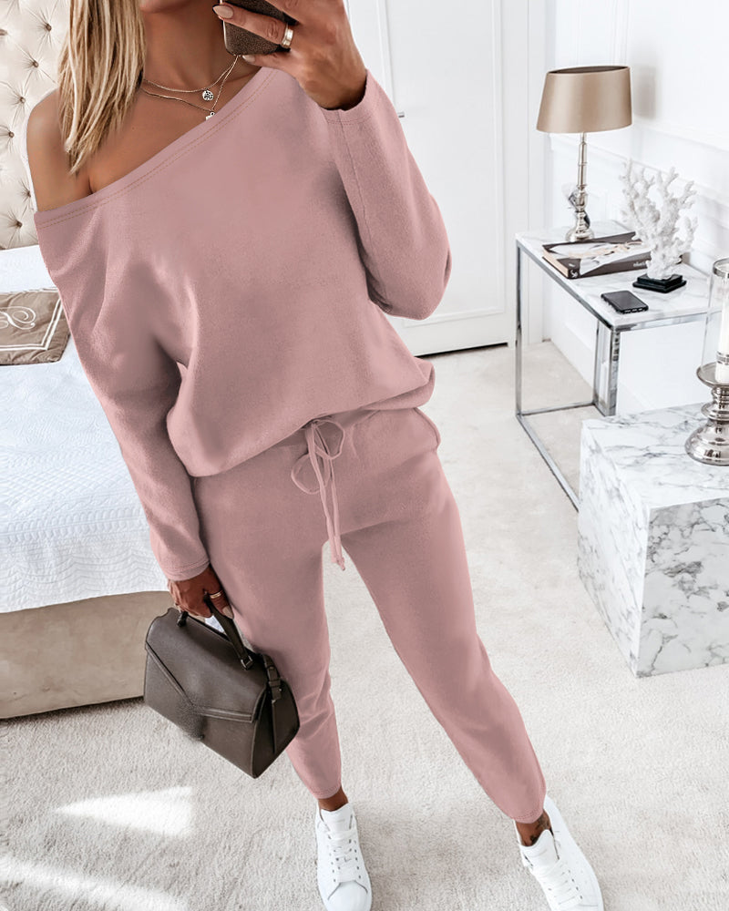2 Pieces Outfit Long Sleeve Skew Neck Pullover Top and Drawstring Elastic Waist Slim Fit Pants Set