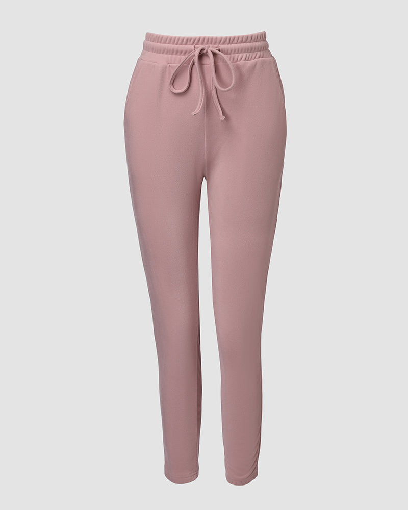2 Pieces Outfit Long Sleeve Skew Neck Pullover Top and Drawstring Elastic Waist Slim Fit Pants Set