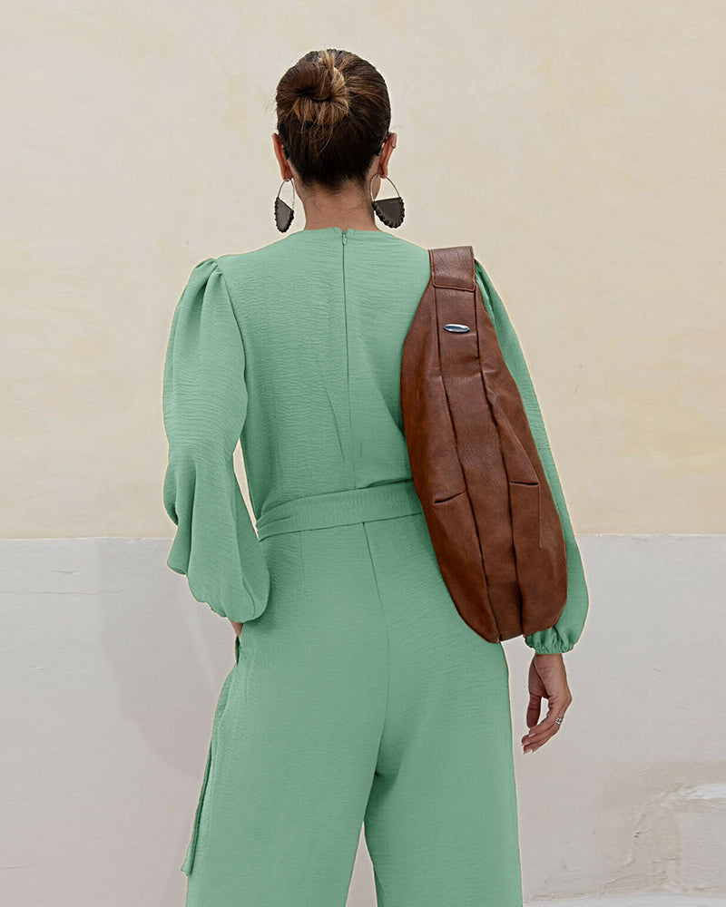 Deep V Neck 3D Design Tie Waist Ruched Overalls Casual Cinched Waist Zipper Back Textured Jumpsuit with Belt