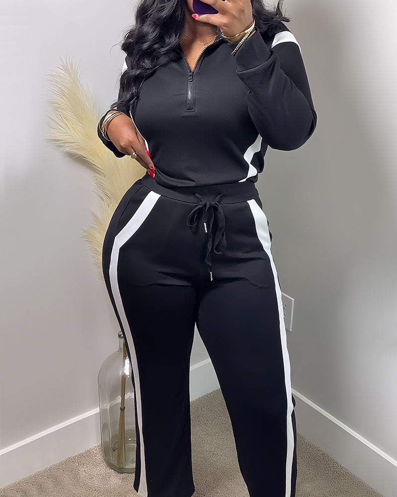 2 Pieces Outfit Half Zip Long Sleeve Top and Drawstring Elastic Waist Pants Set Casual Contrast Paneled Side Set