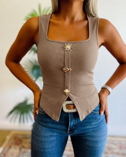 Women's Square Neck Ribbed Tank Top Vintage Abstract Gold Button Knit Camisole Slim Fit Slit Vest