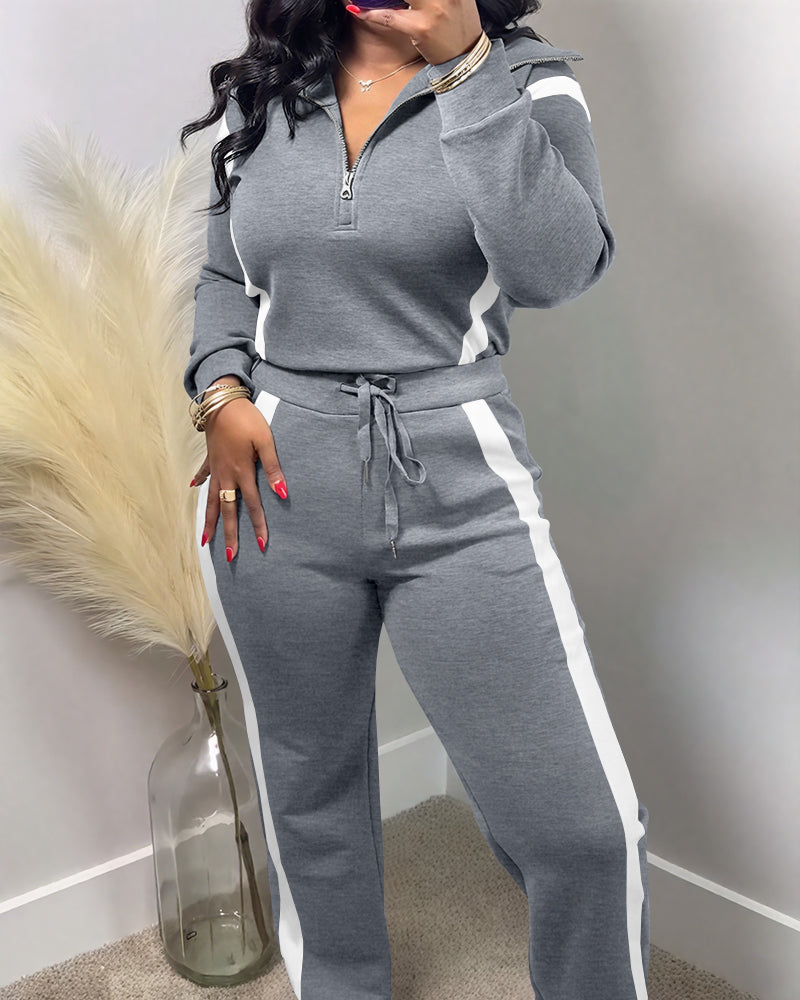 2 Pieces Outfit Half Zip Long Sleeve Top and Drawstring Elastic Waist Pants Set Casual Contrast Paneled Side Set