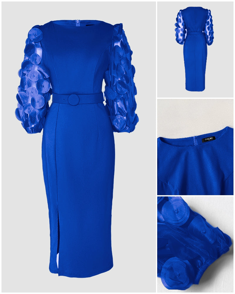 3D Polka Dot Appliques Mesh Lantern Sleeve Zipper Back Slit Work Dress Cinched Waist Slim Fit Mid-Length Dress With Belt