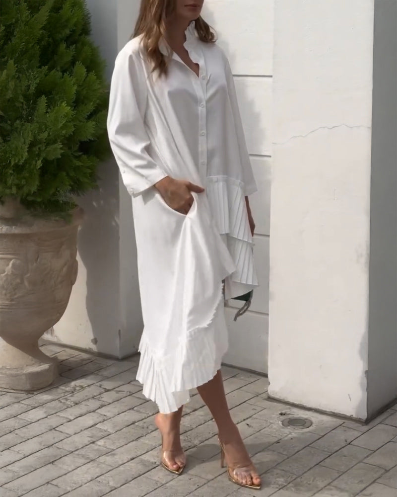 Pleated High Neck Button Down Asymmetrical Pleated Ruffle Hem Vacation Dress Casual High-Low Hem Loose Dress