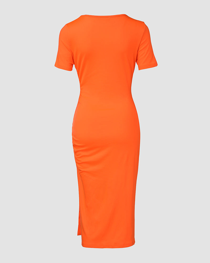 O-neck Short Sleeve Solid Color Cut-Out Ruched Drawstring Bodycon Dress with Side Slit