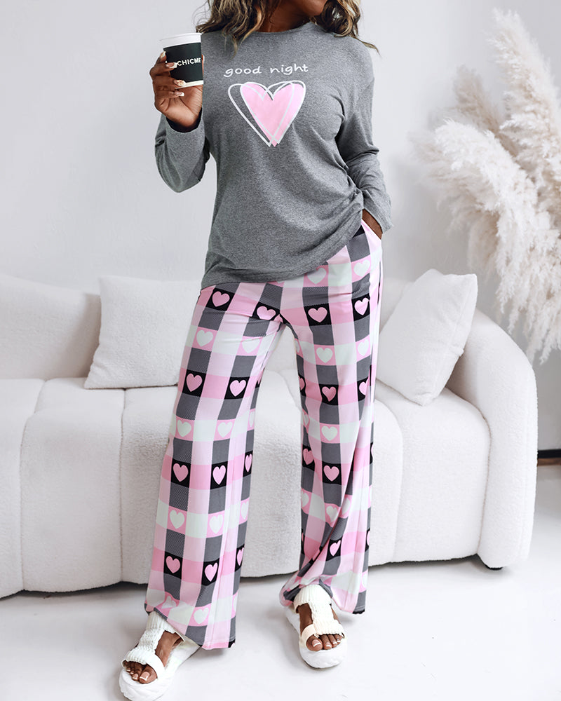 2 Pieces Outfit Letter and Heart Print Long Sleeve Top and Casual Plaid Pnats Sets with Pocket