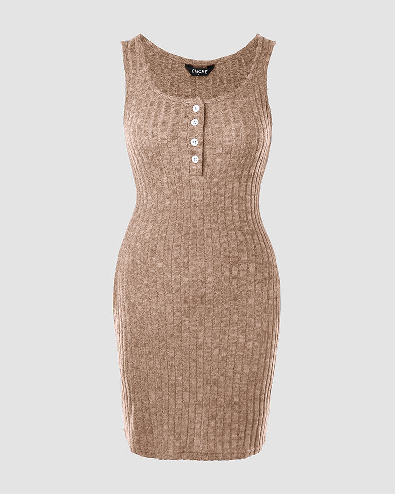 Pocket Design Ribbed Tank Dress Sleeveless Button Front Pullover Bodycon Mini Dresses