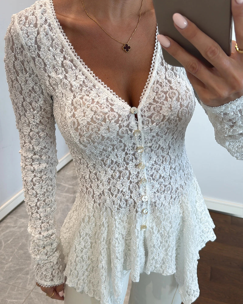 Lace Trim V Neck Button Front Blouse Elegant Asymmetrical Ruffle Hem Top