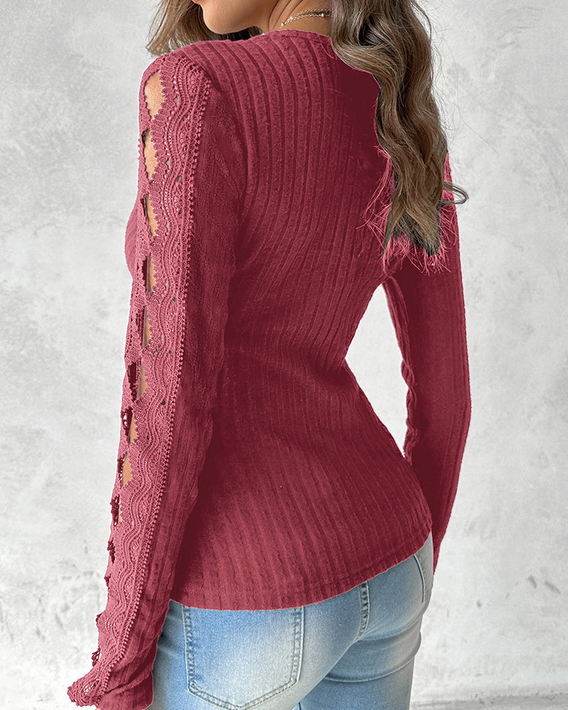 Overlap V-Neck Lace Trim Hollow-out Long Sleeve Tee Slim Fit Ribbed Layering Top