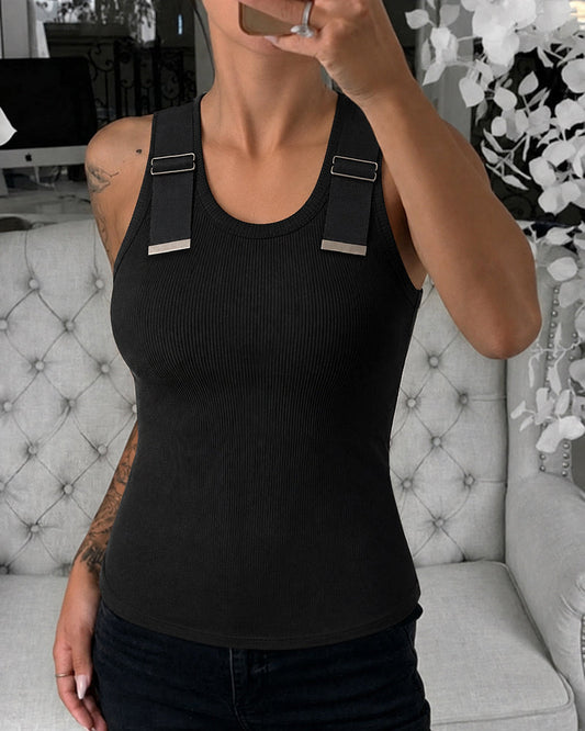 Women's Ribbed Knit Tank Top Adjustable Buckle Strap Side Ruched Knit Top Curved Hem Slim Fit Vest