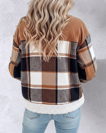 Vintage Plaid Print Corduroy Spliced Turn-down Collar Button Front Thermal Lined Jacket Casual Flap Detail Faux Shearling Trim Crop Warm Coat